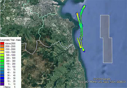 computer generated model showing water sediment along a coastline